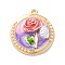 Alloy Enamel Pendants, with ABS Imitation Pearl, Cadmium Free & Nickel Free & Lead Free, Rack Plating, Flat Eound with Flower Charm, Golden, Hot Pink, 27.5x24.5x5mm, Hole: 1.8mm