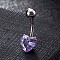Piercing Jewelry, Brass Cubic Zirconia Navel Ring, Belly Rings, with 304 Stainless Steel Bar, Lead Free & Cadmium Free, Heart, Platinum, Medium Purple, 20x8mm, Bar: 15 Gauge(1.5mm), Bar Length: 3/8