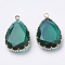 K9 Glass Pendants, with Golden Tone Brass Findings, Faceted, Drop, Teal, 29~30x19x6~8.5mm, Hole: 2mm