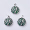 Malachite Pendants, with Brass Findings, Flat Round with Tree of Life, Platinum, 31~32x27x8~9mm, Hole: 5x7mm