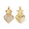 Brass Micro Pave Cubic Zirconia Pendants, Cadmium Free & Nickel Free & Lead Free, Heart with Crown Charms, Golden, 24x15x4mm, Hole: 4x2.5mm