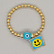 Bohemian Style Glass Seed Beads Charm Bracelets, Brass Round Beads Stretch Bracelets for Women, Rectangle  with Smiley Face, with Lampwork Evil Eye Bead, Turquoise