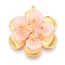 304 Stainless Steel Pendants, Flower, with Glass, Real 18K Gold Plated, Ion Plating(IP), Misty Rose, 40x33.5x10~11mm, Hole: 1.8mm