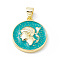 Rack Plating Brass Enamel Pendants, with Glitter Powder, Long-Lasting Plated, Real 18K Gold Plated, Flat Round with Human Charm, Turquoise, 19x16.5x3.5mm, Hole: 4x3mm