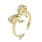 Brass Micro Pave Cubic Zirconia Open Cuff Ring, Cadmium Free & Lead Free, Bowknot, Real 16K Gold Plated, US Size 7 1/2(17.5mm)