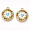 304 Stainless Steel Rhinestone Pendants, Flat Round with Flower, Ion Plating(IP), Real 18K Gold Plated, Colorful, 20x17.2x4mm, Hole: 1.6mm