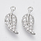 Brass Micro Pave Clear Cubic Zirconia Pendants, Nickel Free, Leaf, Real Platinum Plated, 15.5x6.5x1.5mm, Hole: 1.2mm