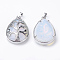 Opalite Pendants, with Brass Findings, teardrop, Platinum, 39x26x7~9mm, Hole: 5x7mm