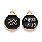 Alloy Enamel Pendants, Cadmium Free & Lead Free, Flat Round with Constellation, Light Gold, Black, Aquarius, 15x12x2mm, Hole: 1.5mm