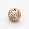 CZ Brass Micro Pave Grade AAA Clear Color Cubic Zirconia Round Beads, Cadmium Free & Nickel Free & Lead Free, Rose Gold, 10mm, Hole: 2mm