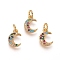Brass Charms, with Micro Pave Cubic Zirconia and Jump Rings, Moon, Colorful, Golden, 11x8x2mm, Hole: 3mm