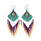 Glass Seed Braided Rhombus with Tassel Chandelier Earrings, Bohemian Brass Wire Wrap Drop Earrings for Women, Sea Green, 90mm, Pin: 0.6mm