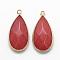 Natural White Jade Pendants, with Golden Tone Brass Findings, Faceted, teardrop, Dyed, Brown, 32.5~33x16x6mm, Hole: 2.5mm
