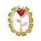 Glass Seed Beaded Oval with Rose Pendants, with Alloy Enamel Charm & Real 18K Gold Plated 304 Stainless Steel Open Jump Rings, Lime, 33.5x28.5x9mm, Hole: 3.5mm