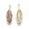 Brass Cubic Zirconia Pendants, Leaf, Golden, Colorful, 25.5x7.5x2mm, Hole: 1mm