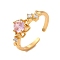 Pink Cubic Zirconia Flower of Life Open Cuff Ring, Rack Plating Brass Jewelry for Women, Cadmium Free & Lead Free, Real 18K Gold Plated, Inner Diameter: 17mm