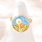 Brass Sky Blue Enamel Flower Cuff Rings, with ABS Plastic Imitation Pearl and Glitter Powder, Real 18K Gold Plated, Rack Plating, Long-Lasting Plated, Cadmium Free & Lead Free, Flat Round, Inner Diameter: adjustable, Flat Round: 17mm