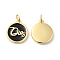Real 16K Gold Plated Brass Enamel Pendants, with Jump Ring, Cadmium Free & Lead Free, Flat Round with Word Charms, Black, 15x13x2.5mm, Hole: 3.5mm