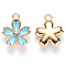 Alloy Enamel Pendants, with Crystal Rhinestone, Sakura Flower, Light Gold, Sky Blue, 17x14x3mm, Hole: 1.8mm