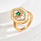 Brass Micro Pave Cubic Zirconia Finger Rings for Women, Flower, Golden, Green, 15x22mm, US Size 8(18.1mm)