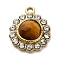 Natural Tiger Eye Faceted Charms, 304 Stainless Steel Crystal Rhinestone Flower Charms, Real 18K Gold Plated, PVD Vacuum Plating, 15x12x4.5mm, Hole: 1.5mm