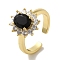 Rack Plating Brass Micro Pave Cubic Zirconia Cuff Rings, Long-Lasting Plated, Lead Free & Cadmium Free, Flower, Black, adjustable