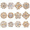 12Pcs 12 Style Crystal Rhinestone Flower Brooch Pins, Alloy Badges for Women, Golden, 20~28x20~28x3.5~8mm, 1Pc/style