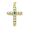 Rack Plating Brass Micro Pave Cubic Zirconia & Imitation Pearl Pendants, Lead Free & Cadmium Free, Long-Lasting Plated, Real 18K Gold Plated, Cross, Dark Green, 36x26x4mm, Hole: 4.5x3mm