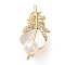 Brass Micro Pave Cubic Zirconia & Natural Shell & ABS Plastic Pearl Fold Over Clasps, Cadmium Free & Nickel Free & Lead Free, Leaf, Real 18K Gold Plated, 23.5x11.5x12mm, Hole: 1mm