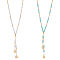 2Pcs 2 Colors Glass Beaded Lariat Necklaces Set with Alloy Boston Link Chain, Flat Round Pendants Slider Necklaces for Women, Mixed Color, 18.11 inch(46cm), 1Pc/color