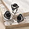 Natural Obsidian Adjustable Rings, Antique Silver Tone Brass Finger Rings, Rhombus, 22mm, Inner Diameter: 18mm