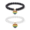 2Pcs 2 Style Synthetic Hematite & Glass Round Beaded Stretch Bracelets Set, Pride Rainbow Flag Alloy Enamel Charms Stackable Bracelets, Heart, Inner Diameter: 2-3/8 inch(5.9~6.1cm), 1Pc/style