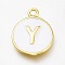 Brass Enamel Pendants, Long-Lasting Plated, Golden, White, Flat Round, Letter.Y, 16.5x13x2mm, Hole: 1.5mm