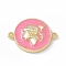 Rack Plating Brass Enamel Connector Charms, Flat Round Links with Boy, Real 18K Gold Plated, with Glitter Powder, Long-Lasting Plated, Lead Free & Cadmium Free, Pearl Pink, 17x22x4mm, Hole: 1.6mm