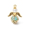 Glass Pearl Round Beaded Pendants, Angel Charms, with Glass Seed Beads & Alloy Wing & Iron Loop, Dark Turquoise, 27x20x12.5mm, Hole: 2mm