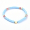 Handmade Polymer Clay Heishi Bead Stretch Bracelets, with Heart Brass Beads and Alloy Spacer Beads, Light Sky Blue, 2-1/8 inch(5.3cm)