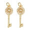 Brass Micro Pave Clear Cubic Zirconia Pendants, Cadmium Free & Lead Free, with Jump Ring, Key Charms, Real 18K Gold Plated, 26.5x9x2.5mm, Hole: 3mm