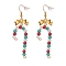 Glass Christmas Candy Cane with Alloy Bowknot Dangle Earrings, Gold Plated Brass Jewelry for Women, Colorful, 69mm, Pin: 0.8mm