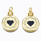 Brass Micro Pave Cubic Zirconia Pendants, with Jump Rings, Nickel Free, Flat Round with Heart, Real 16K Gold Plated, Midnight Blue, 24.5x18x3mm, Hole: 3mm