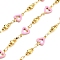 Brass Heart Link Chains, with Enamel, Cadmium Free & Nickel Free & Lead Free, Real 18K Gold Plated, Soldered, with Spool, Pearl Pink, 11x7x2.5mm