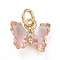 Brass Micro Pave Clear Cubic Zirconia Pendant, with Glass, Butterfly, Golden, Misty Rose, 11x9.5x3mm, Hole: 3.5mm