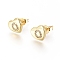 Brass Micro Pave Cubic Zirconia Stud Earrings, with Ear Nuts, Long-Lasting Plated, Heart with Initial Letter, Golden, Clear, Letter.O, 8x9x2mm, Pin: 0.7mm