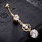 Brass Cubic Zirconia Navel Ring, Belly Rings, with 304 Stainless Steel Bar, Cadmium Free & Lead Free, Real 18K Gold Plated, Flower with Flat Round, Clear, 49x9mm, Bar: 15 Gauge(1.5mm), Bar Length: 3/8