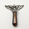 Natural Tiger Eye Pendants, with Alloy Pendant Settings, Faceted, Bullet with Skull, Antique Silver Metal Color, Coconut Brown, 47x38x9.5mm, Hole: 3x7mm