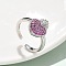 Sacred Heart Brass Micro Pave Cubic Zirconia Cuff Rings for Women, Cadmium Free & Lead Free, Rack Plating, Platinum, Deep Pink, US Size 6 1/4(16.7mm)