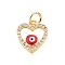 Brass Micro Pave Clear Cubic Zirconia Charms, Cadmium Free & Lead Free, with Enamel and Jump Rings, Golden, Heart with Evil Eye, Red, 13x11x3mm, Hole: 3mm