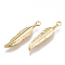 Brass Pendants, Feather, Nickel Free, Real 18K Gold Plated, 20.5x4.5x1mm, Hole: 1mm