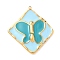 304 Stainless Steel Pendants, with Enamel, Ion Plating(IP), Rhombus with Butterfly Charm, Real 18K Gold Plated, Light Sky Blue, 38x35x3.5mm, Hole: 1.5mm