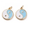 Brass Micro Pave Clear Cubic Zirconia Pendants, with Enamel & Jump Rings, Flat Round with Yin Yang, Real 18K Gold Plated, Light Sky Blue, 15x12.5x2mm, Jump Ring: 5x1mm, 3mm Inner Diameter