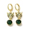 Leopard Head Real 18K Gold Plated Brass Micro Pave Cubic Zirconia Dangle Leverback Earrings, Glass Drop Earrings, Green, 37.5x11mm